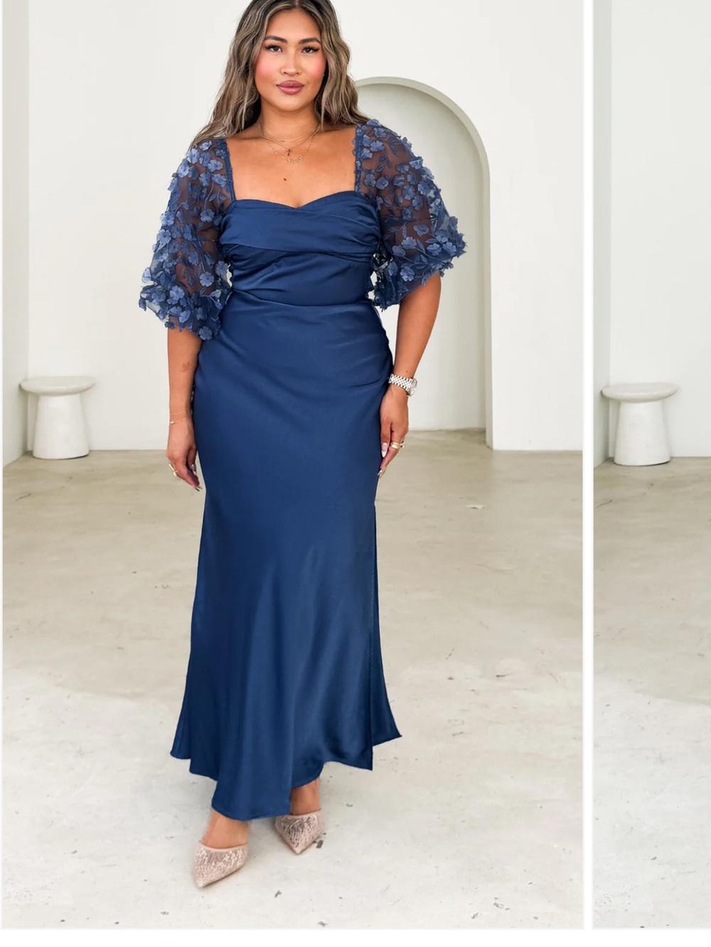 ByAmica Navy Blue Maxi Dress with Floral Sheer Sleeves